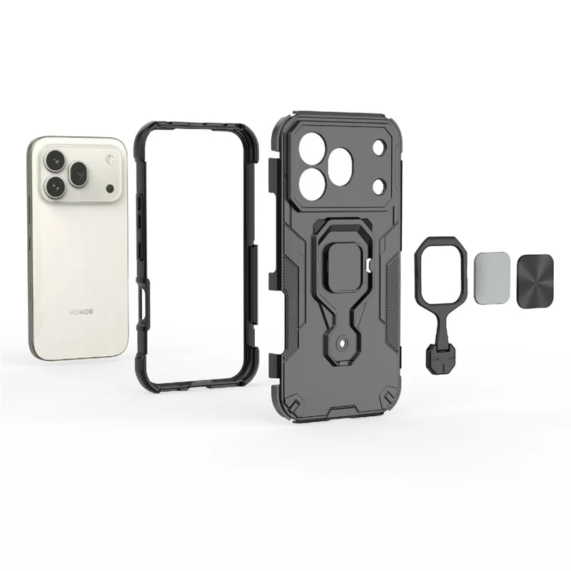For Honor 600 Pro 5G Case Rotatable Ring Kickstand PC + TPU Shockproof Phone Cover - Black