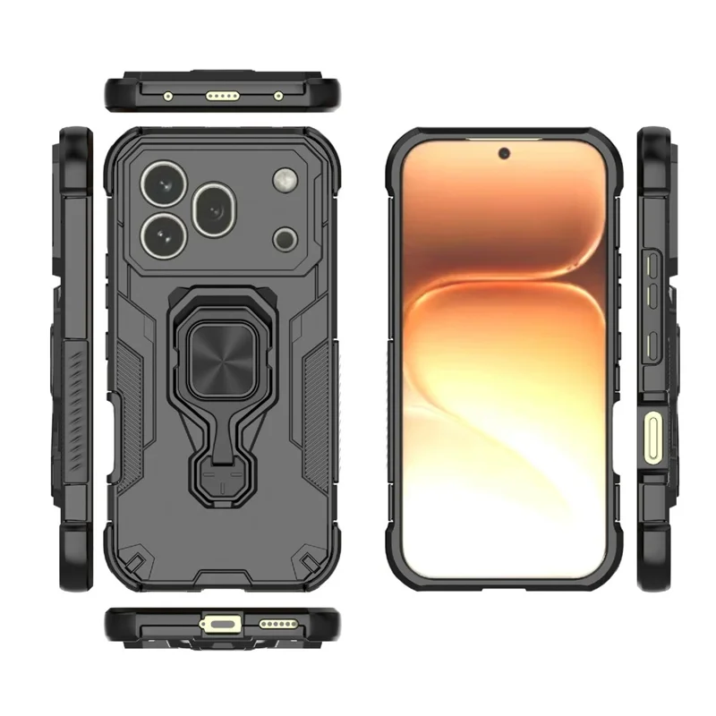 For Honor 600 Pro 5G Case Rotatable Ring Kickstand PC + TPU Shockproof Phone Cover - Black