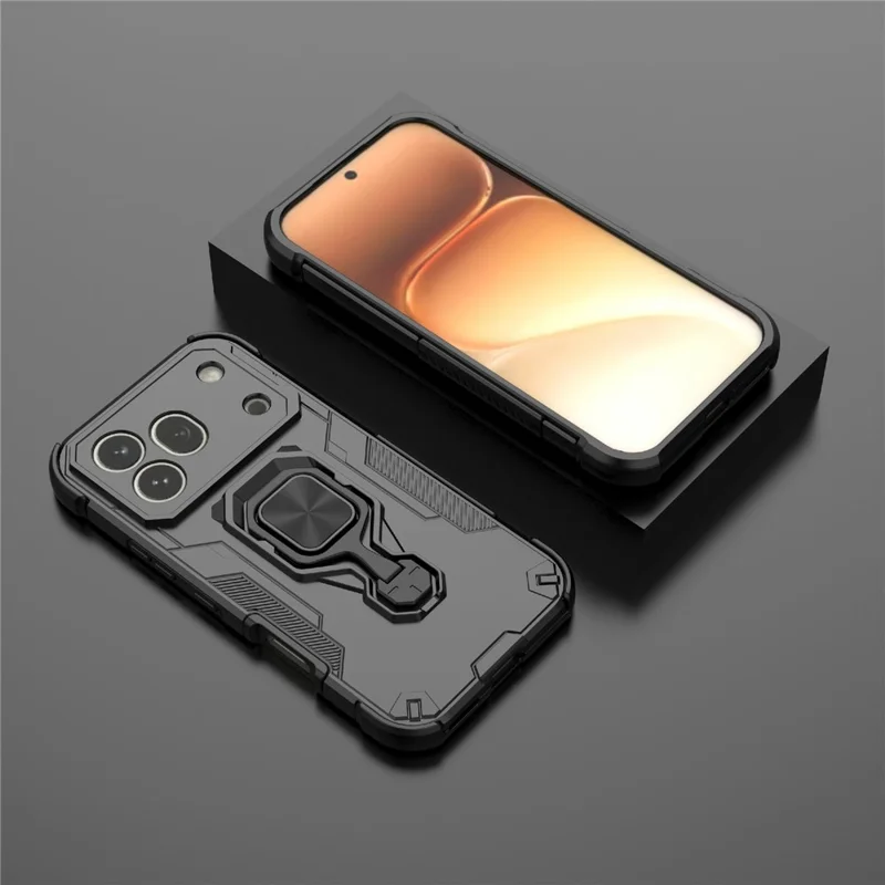 For Honor 600 Pro 5G Case Rotatable Ring Kickstand PC + TPU Shockproof Phone Cover - Black