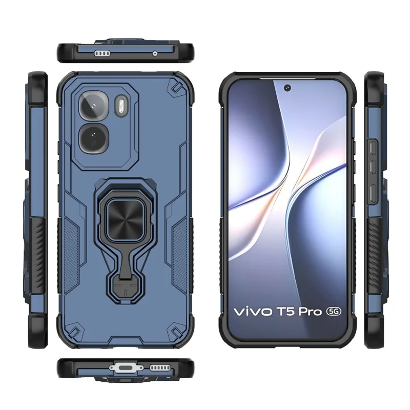 For vivo T5 Pro 5G Case Rotatable Ring Kickstand PC + TPU Shockproof Phone Cover - Navy Blue