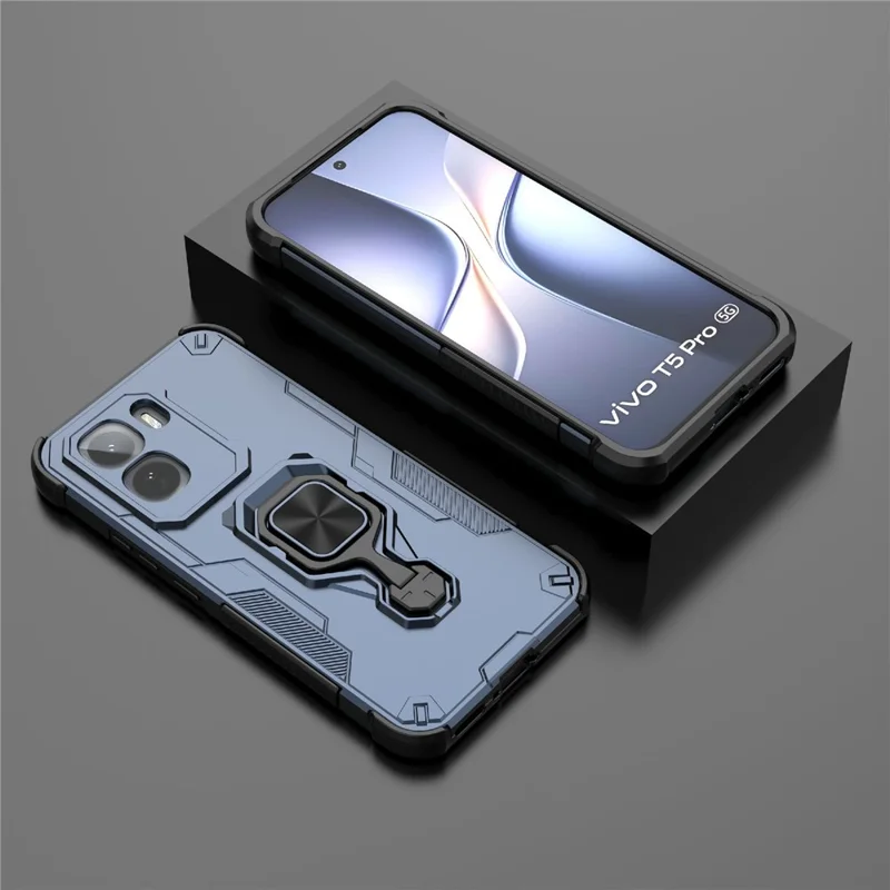 For vivo T5 Pro 5G Case Rotatable Ring Kickstand PC + TPU Shockproof Phone Cover - Navy Blue