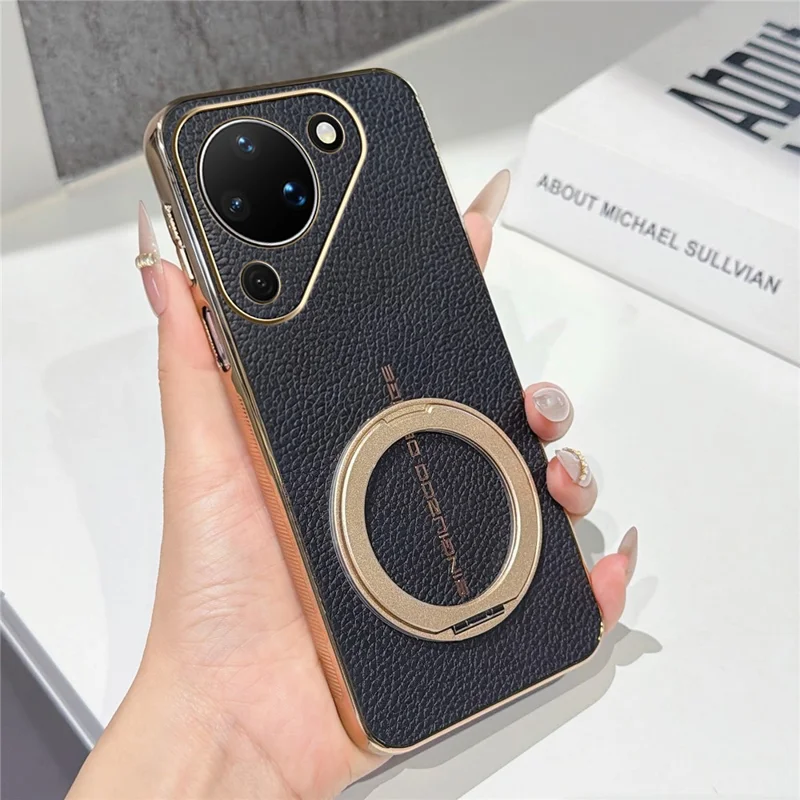 For Huawei Pura 90 Magnetic Case Litchi Pattern TPU PU Cover with Electroplated Metal Ring Kickstand - Black
