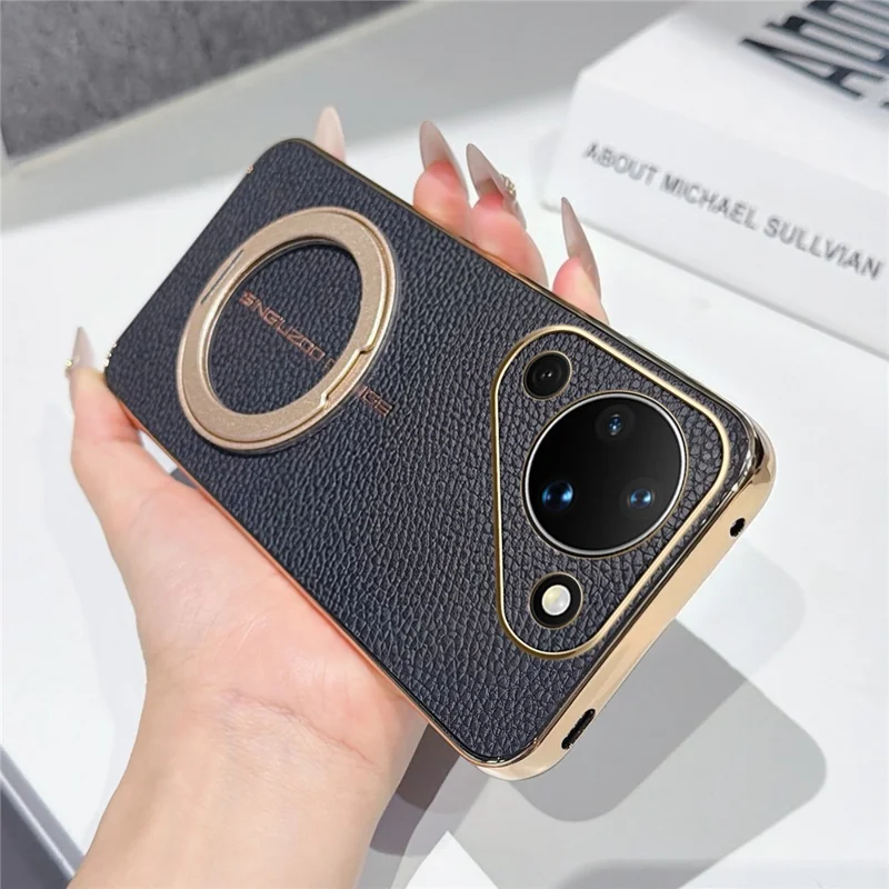 For Huawei Pura 90 Magnetic Case Litchi Pattern TPU PU Cover with Electroplated Metal Ring Kickstand - Black