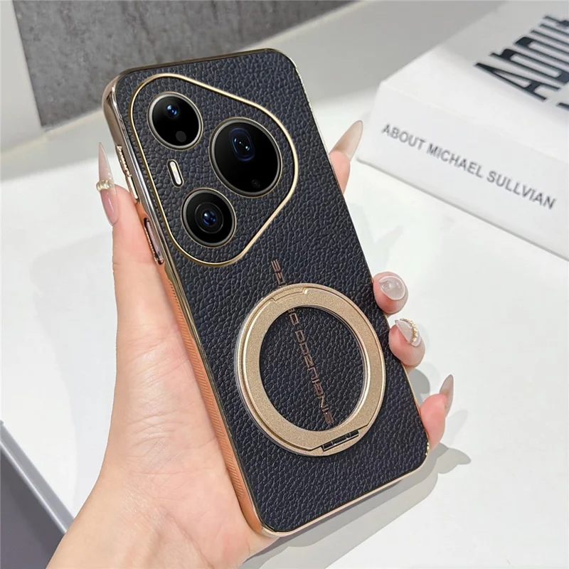 For Huawei Pura 90 Pro Max Magnetic Case Litchi Pattern TPU PU Cover with Electroplated Metal Ring Kickstand - Black