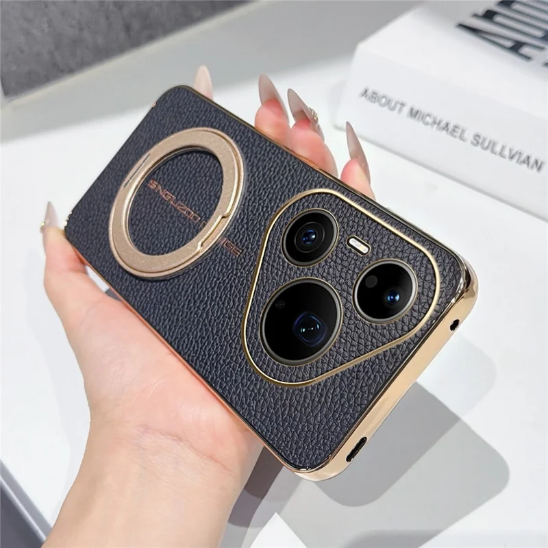 For Huawei Pura 90 Pro Max Magnetic Case Litchi Pattern TPU PU Cover with Electroplated Metal Ring Kickstand - Black