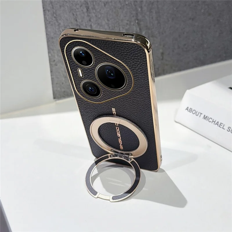 For Huawei Pura 90 Pro Max Magnetic Case Litchi Pattern TPU PU Cover with Electroplated Metal Ring Kickstand - Black