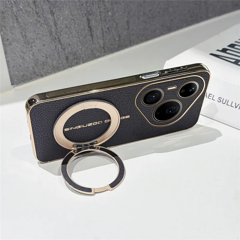 For Huawei Pura 90 Pro Max Magnetic Case Litchi Pattern TPU PU Cover with Electroplated Metal Ring Kickstand - Black