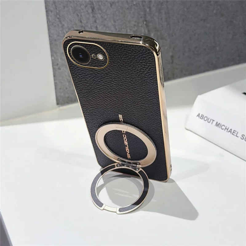 Magnetic Case For iPhone 17e  /  16e Litchi Pattern TPU PU Cover with Electroplated Metal Ring Kickstand - Black