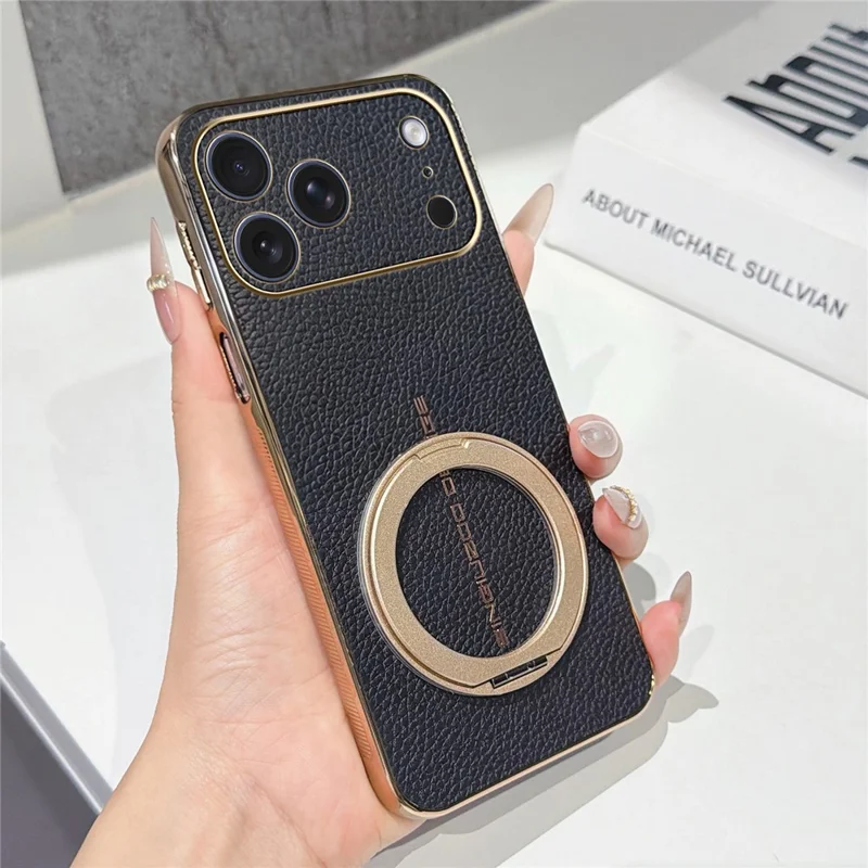 For iPhone 17 Pro Max Magnetic Case Litchi Pattern TPU PU Cover with Electroplated Metal Ring Kickstand - Black