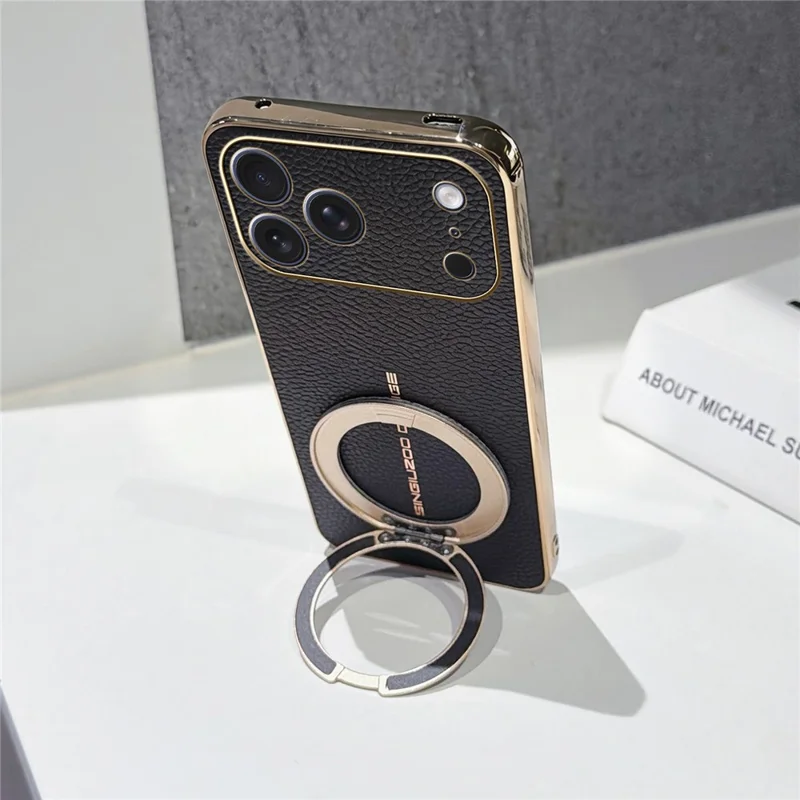 For iPhone 17 Pro Max Magnetic Case Litchi Pattern TPU PU Cover with Electroplated Metal Ring Kickstand - Black