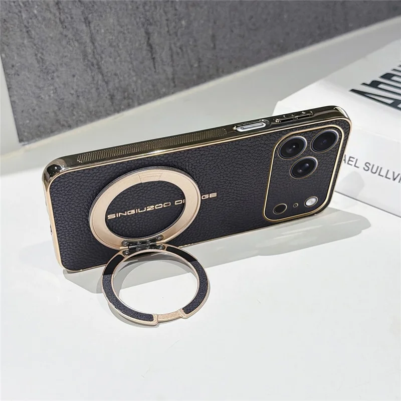 For iPhone 17 Pro Max Magnetic Case Litchi Pattern TPU PU Cover with Electroplated Metal Ring Kickstand - Black