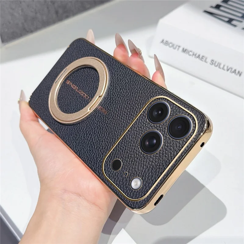 For iPhone 17 Pro Magnetic Case Litchi Pattern TPU PU Cover with Electroplated Metal Ring Kickstand - Black