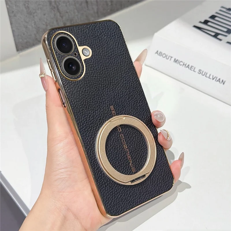 For iPhone 17 Magnetic Case Litchi Pattern TPU PU Cover with Electroplated Metal Ring Kickstand - Black