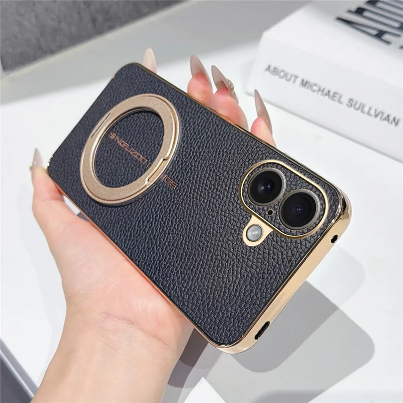 For iPhone 17 Magnetic Case Litchi Pattern TPU PU Cover with Electroplated Metal Ring Kickstand - Black