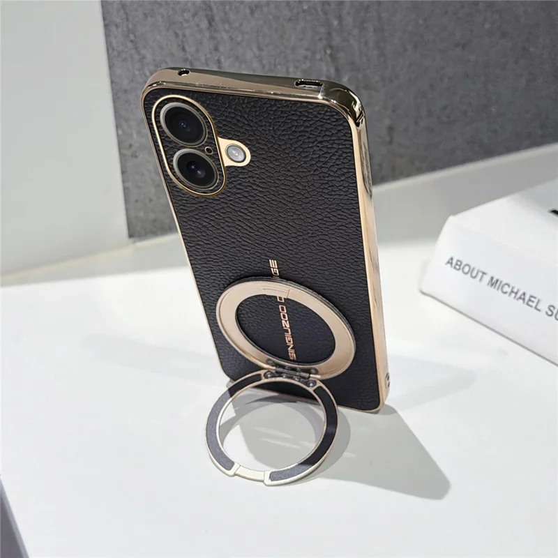 For iPhone 17 Magnetic Case Litchi Pattern TPU PU Cover with Electroplated Metal Ring Kickstand - Black