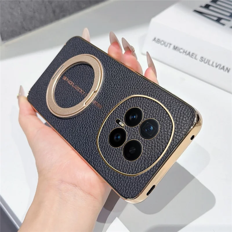 For Honor Magic8 5G Magnetic Case Litchi Pattern TPU PU Cover with Electroplated Metal Ring Kickstand - Black