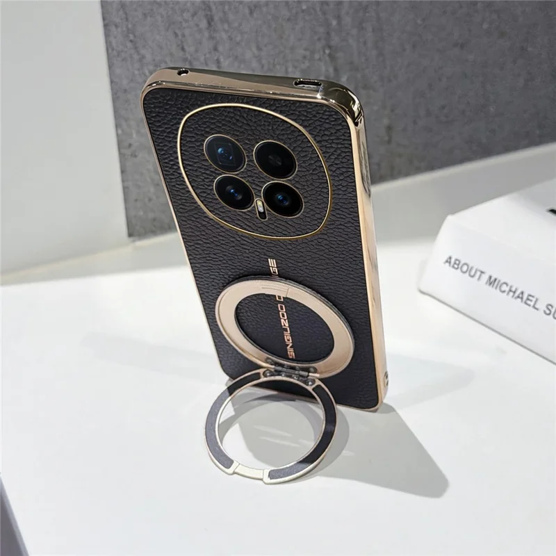 For Honor Magic8 5G Magnetic Case Litchi Pattern TPU PU Cover with Electroplated Metal Ring Kickstand - Black