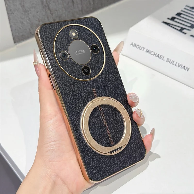 Magnetic Case For Honor Magic8 Lite 5G  /  X70 5G  /  X9d 5G Litchi Pattern TPU PU Cover with Electroplated Metal Ring Kickstand - Black