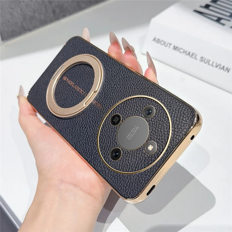 Magnetic Case For Honor Magic8 Lite 5G  /  X70 5G  /  X9d 5G Litchi Pattern TPU PU Cover with Electroplated Metal Ring Kickstand - Black