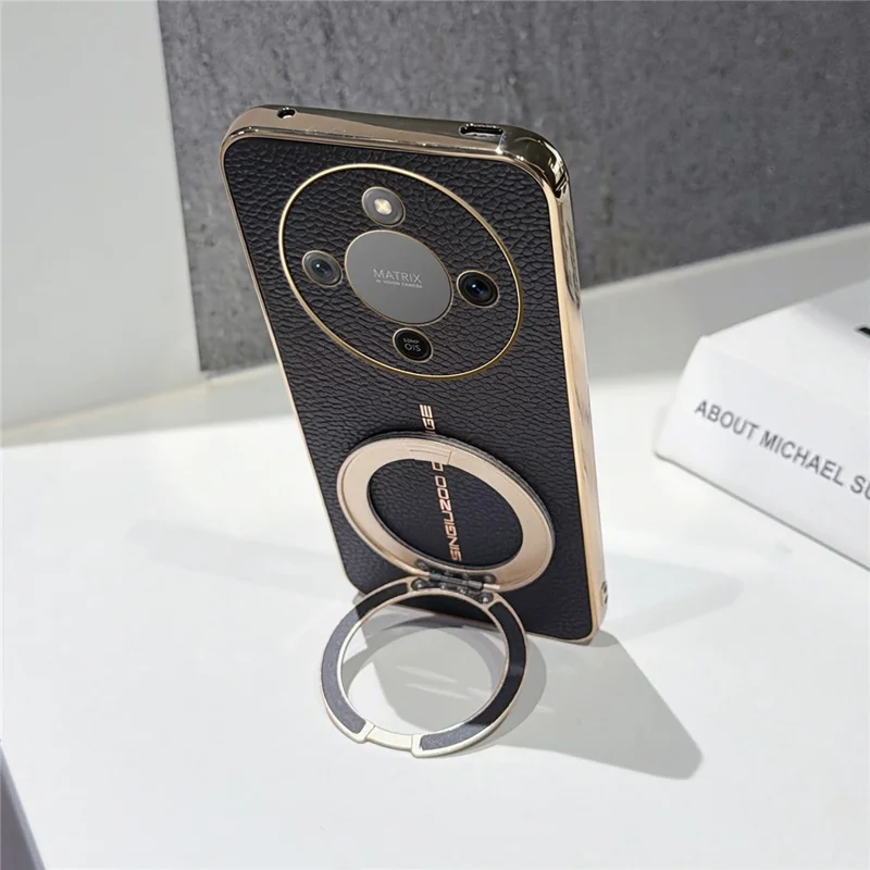 Magnetic Case For Honor Magic8 Lite 5G  /  X70 5G  /  X9d 5G Litchi Pattern TPU PU Cover with Electroplated Metal Ring Kickstand - Black