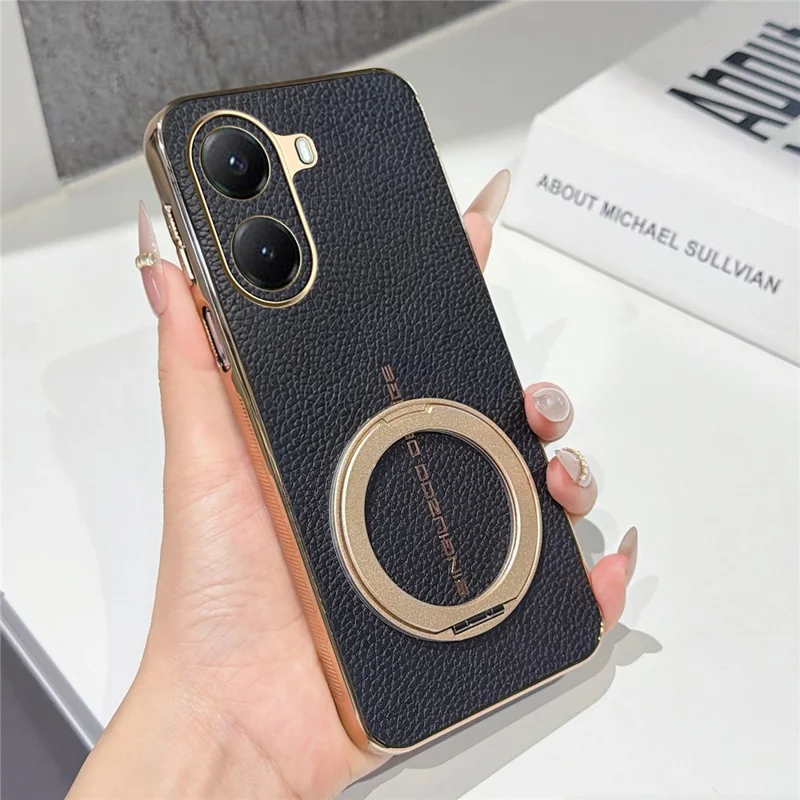 For Xiaomi Poco X7 Pro 5G Magnetic Case Litchi Pattern TPU PU Cover with Electroplated Metal Ring Kickstand - Black