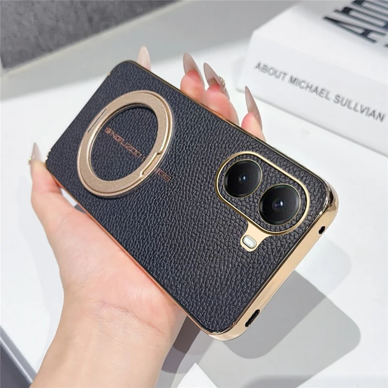 For Xiaomi Poco X7 Pro 5G Magnetic Case Litchi Pattern TPU PU Cover with Electroplated Metal Ring Kickstand - Black