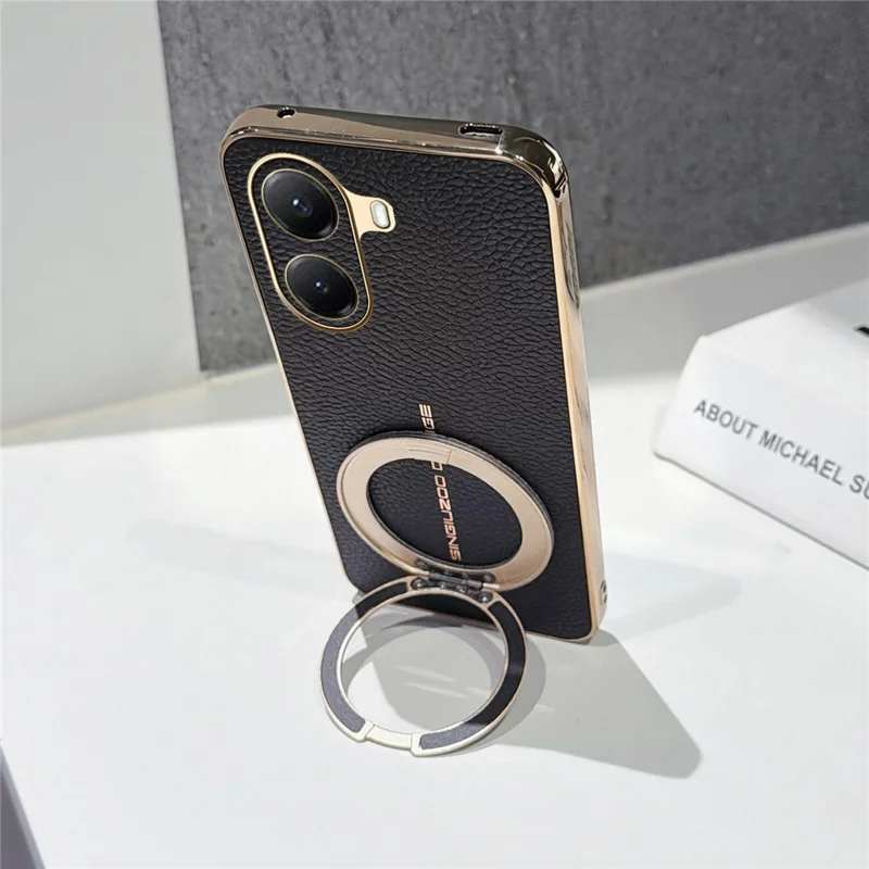 For Xiaomi Poco X7 Pro 5G Magnetic Case Litchi Pattern TPU PU Cover with Electroplated Metal Ring Kickstand - Black