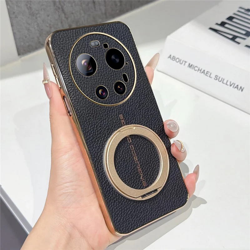 For Xiaomi 17 Ultra 5G Magnetic Case Litchi Pattern TPU PU Cover with Electroplated Metal Ring Kickstand - Black