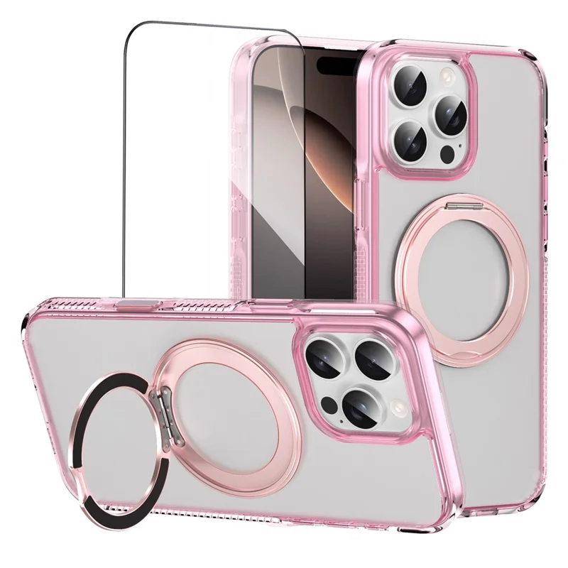 For iPhone 16 Pro Magnetic Case Rotating Kickstand PC + TPU Matte Phone Cover with Tempered Glass Film/Camera Button - Transparent Pink