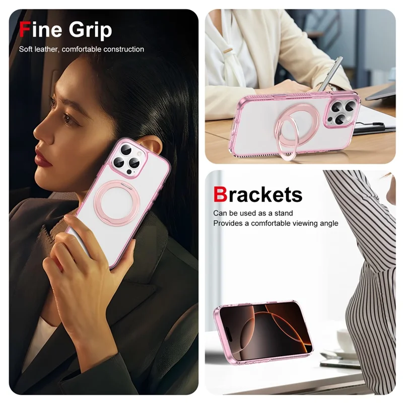 For iPhone 16 Pro Magnetic Case Rotating Kickstand PC + TPU Matte Phone Cover with Tempered Glass Film/Camera Button - Transparent Pink
