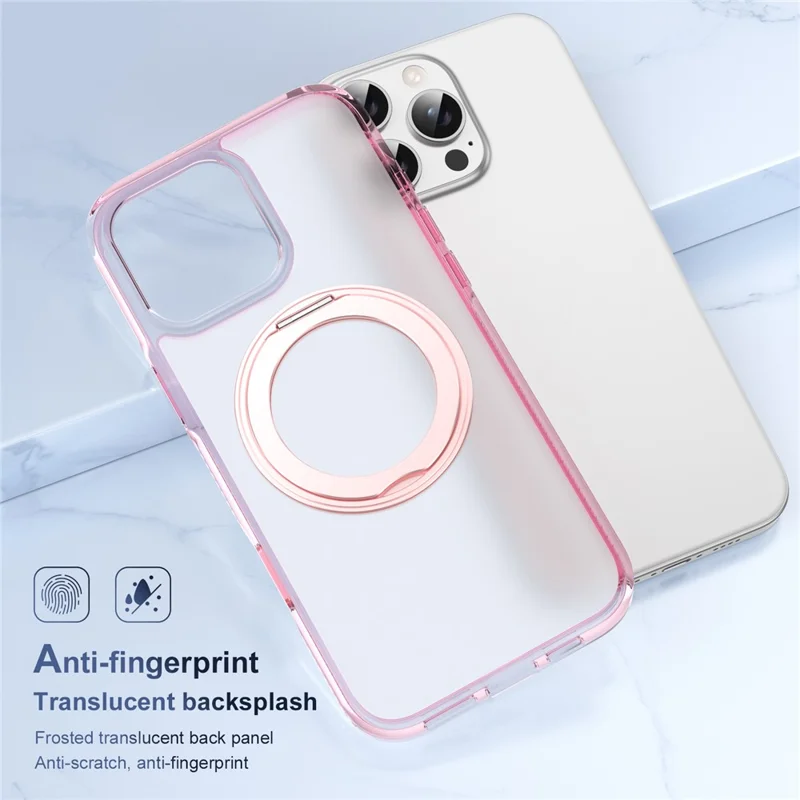 For iPhone 16 Pro Magnetic Case Rotating Kickstand PC + TPU Matte Phone Cover with Tempered Glass Film/Camera Button - Transparent Pink