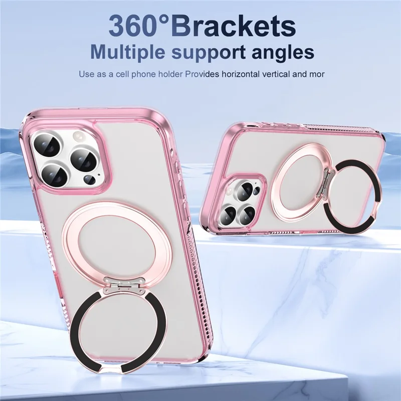 For iPhone 16 Pro Magnetic Case Rotating Kickstand PC + TPU Matte Phone Cover with Tempered Glass Film/Camera Button - Transparent Pink