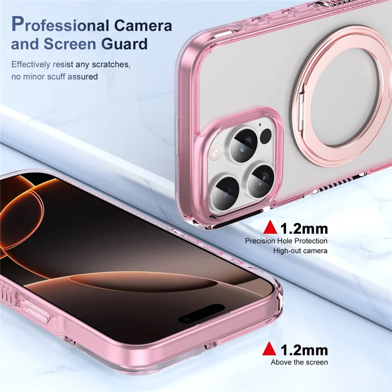 For iPhone 16 Pro Magnetic Case Rotating Kickstand PC + TPU Matte Phone Cover with Tempered Glass Film/Camera Button - Transparent Pink