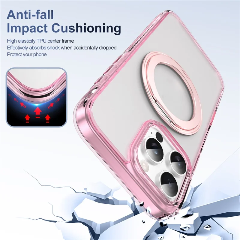 For iPhone 16 Pro Magnetic Case Rotating Kickstand PC + TPU Matte Phone Cover with Tempered Glass Film/Camera Button - Transparent Pink