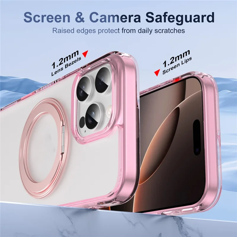 For iPhone 16 Pro Magnetic Case Rotating Kickstand PC + TPU Matte Phone Cover with Tempered Glass Film/Camera Button - Transparent Pink