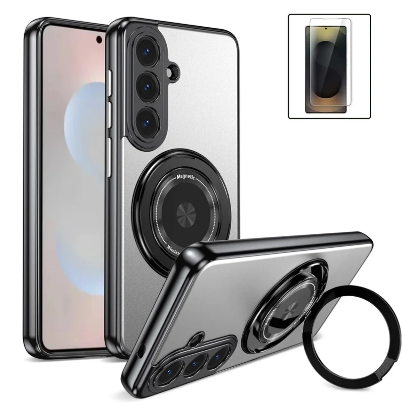 For Samsung Galaxy S26+ Magnetic Case Rotating Kickstand PC TPU Electroplated Phone Cover with Tempered Glass Screen Protector - Silver