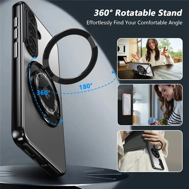 For Samsung Galaxy S26+ Magnetic Case Rotating Kickstand PC TPU Electroplated Phone Cover with Tempered Glass Screen Protector - Silver
