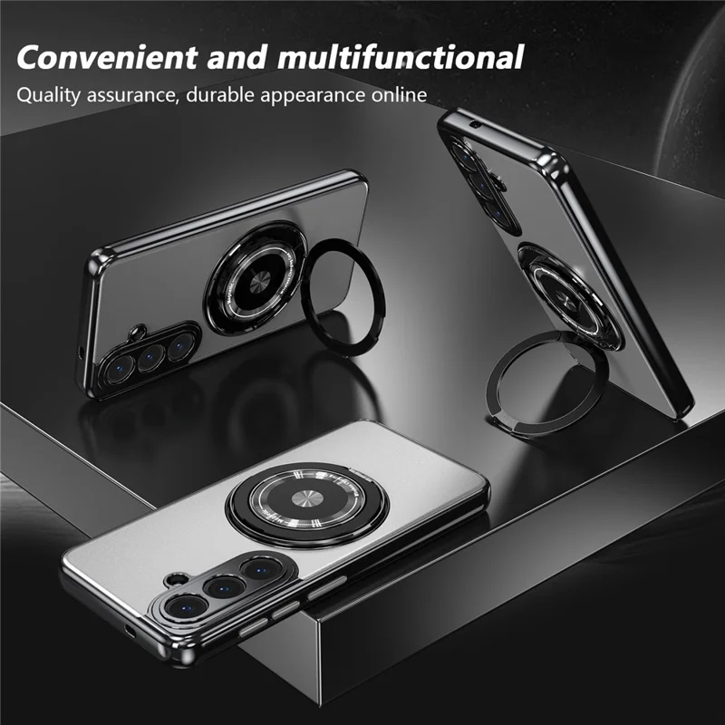 For Samsung Galaxy S26+ Magnetic Case Rotating Kickstand PC TPU Electroplated Phone Cover with Tempered Glass Screen Protector - Silver