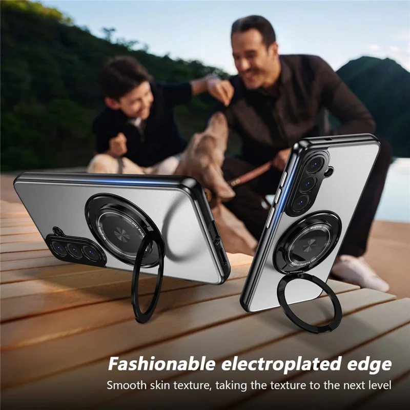 For Samsung Galaxy S26+ Magnetic Case Rotating Kickstand PC TPU Electroplated Phone Cover with Tempered Glass Screen Protector - Silver