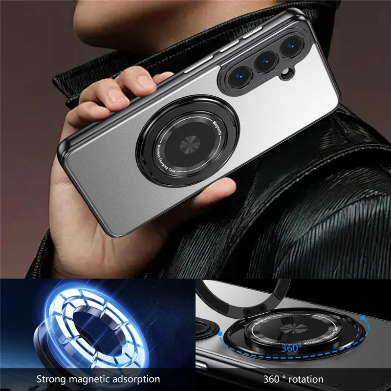 For Samsung Galaxy S26+ Magnetic Case Rotating Kickstand PC TPU Electroplated Phone Cover with Tempered Glass Screen Protector - Silver