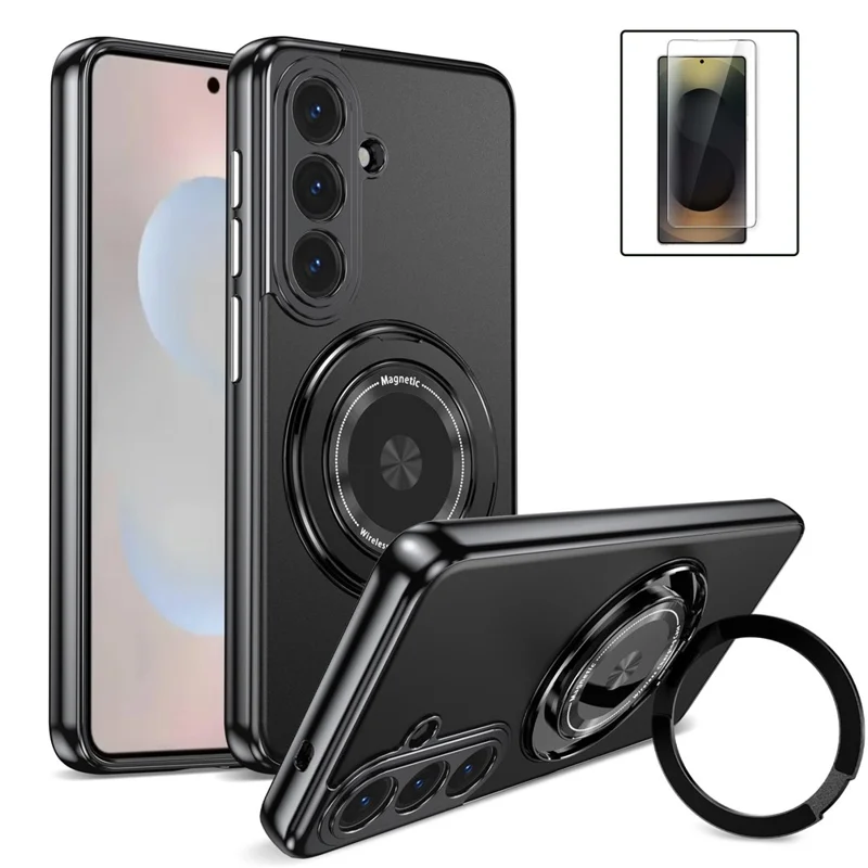 For Samsung Galaxy S26+ Magnetic Case Rotating Kickstand PC TPU Electroplated Phone Cover with Tempered Glass Screen Protector - Black
