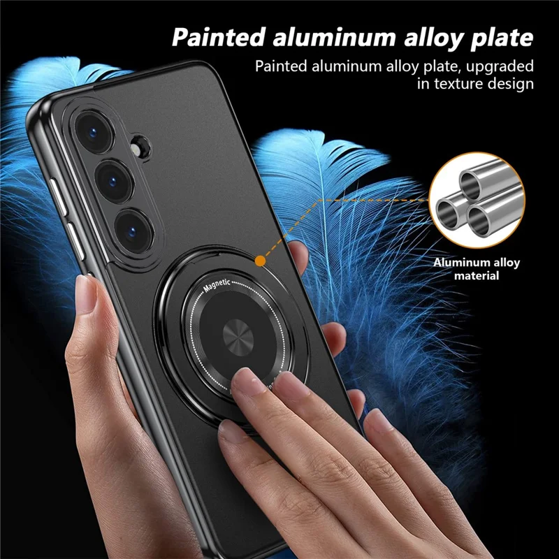 For Samsung Galaxy S26+ Magnetic Case Rotating Kickstand PC TPU Electroplated Phone Cover with Tempered Glass Screen Protector - Black