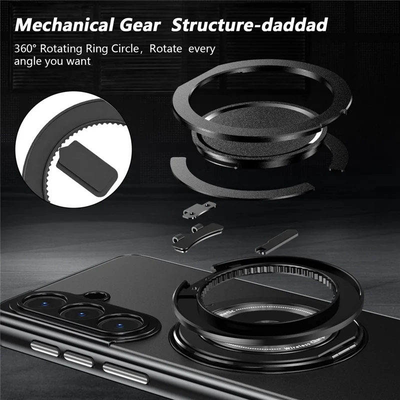 For Samsung Galaxy S26+ Magnetic Case Rotating Kickstand PC TPU Electroplated Phone Cover with Tempered Glass Screen Protector - Black