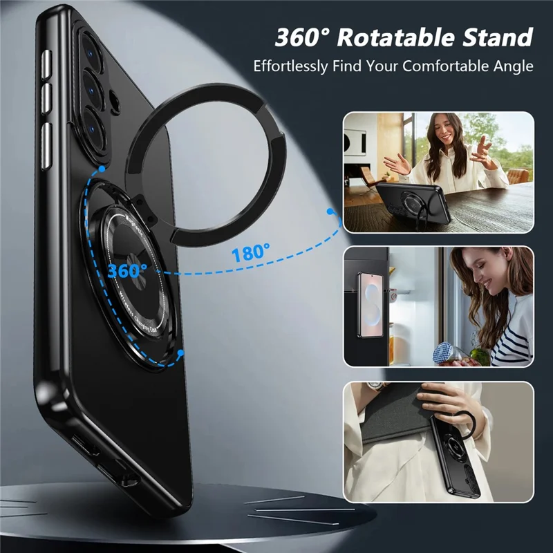 For Samsung Galaxy S26+ Magnetic Case Rotating Kickstand PC TPU Electroplated Phone Cover with Tempered Glass Screen Protector - Black