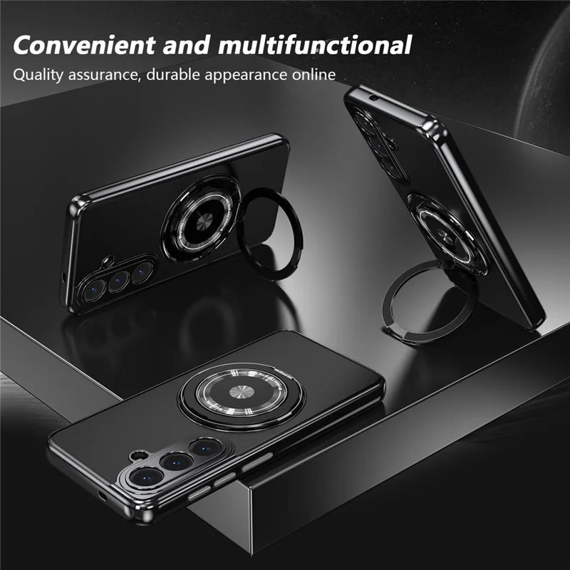 For Samsung Galaxy S26+ Magnetic Case Rotating Kickstand PC TPU Electroplated Phone Cover with Tempered Glass Screen Protector - Black
