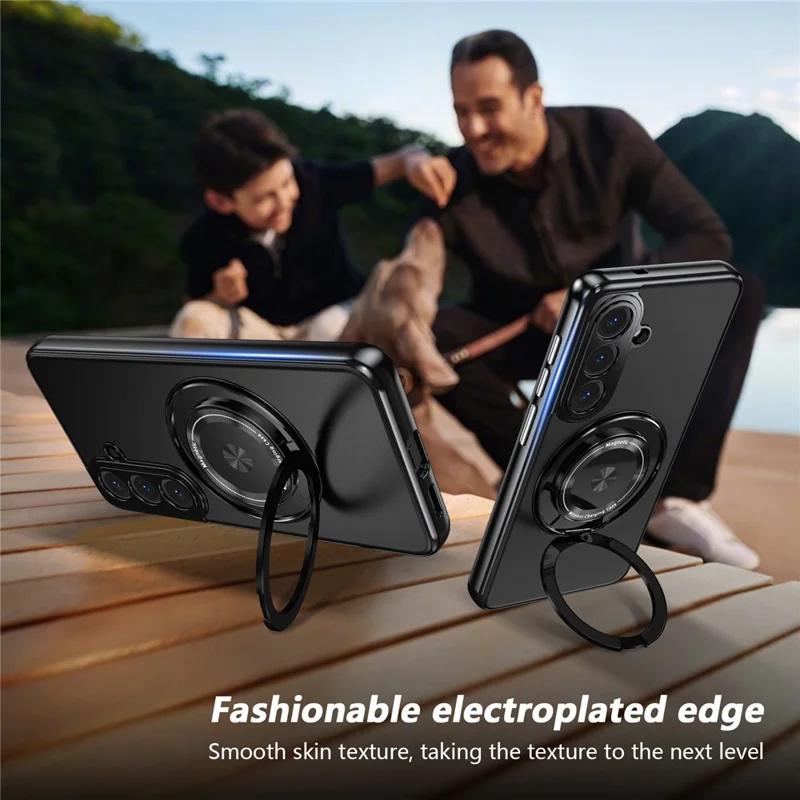 For Samsung Galaxy S26+ Magnetic Case Rotating Kickstand PC TPU Electroplated Phone Cover with Tempered Glass Screen Protector - Black