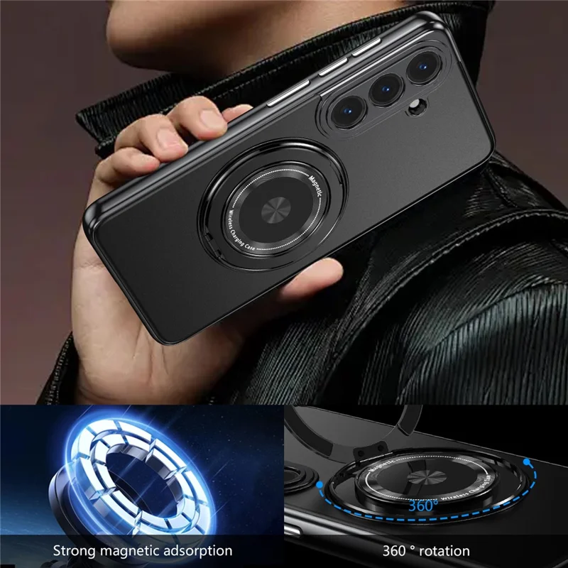 For Samsung Galaxy S26+ Magnetic Case Rotating Kickstand PC TPU Electroplated Phone Cover with Tempered Glass Screen Protector - Black