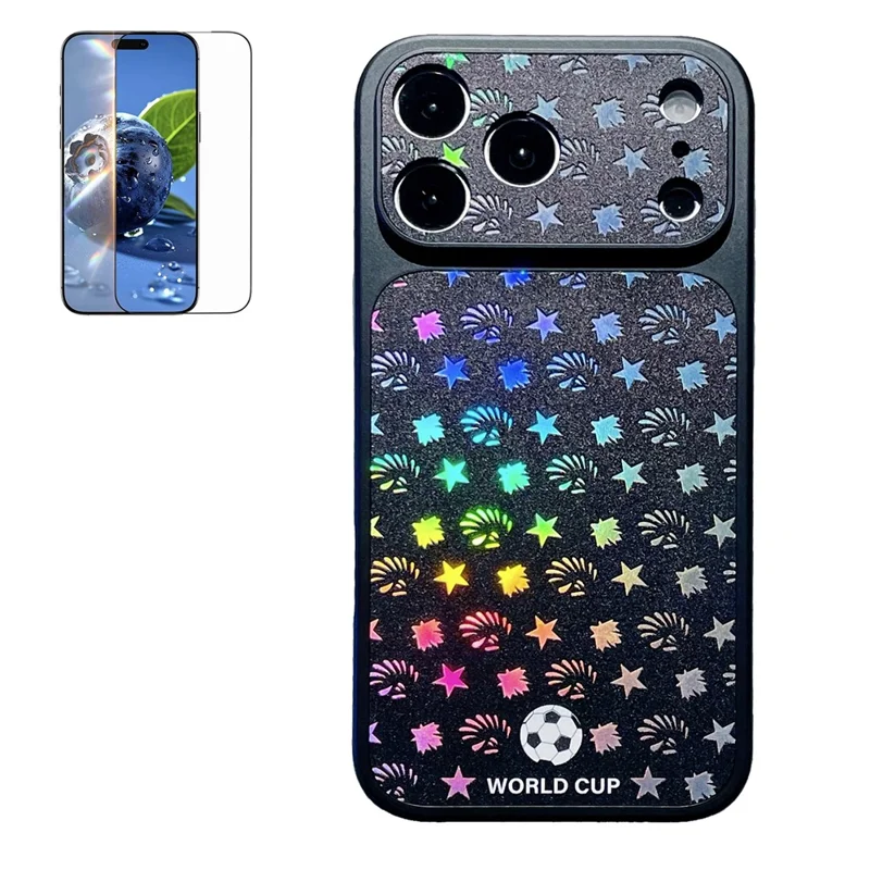 For iPhone 17 Pro Max Magnetic Case Holographic Laser Cover with Tempered Glass Screen Protector - Black