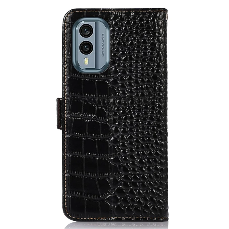 For Nokia X30 5G RFID Blocking Protection Wallet Case Crocodile Texture Genuine Cowhide Leather Flip Stand Phone Cover - Black