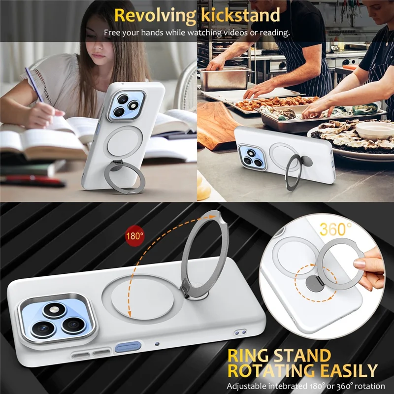 For Honor X8d 4G Magnetic Case Rotating Ring Kickstand TPU + PC Back Cover - White